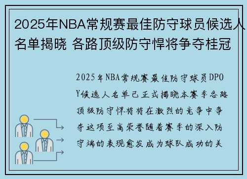 2025年NBA常规赛最佳防守球员候选人名单揭晓 各路顶级防守悍将争夺桂冠 2025年NBA常规赛最佳防守球员候选人名单揭晓 各路顶级防守悍将争夺桂冠
